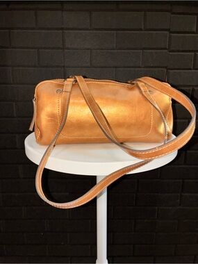 Emilie M cognac brown barrel satchel shoulder bag vegan leather zip top purse.